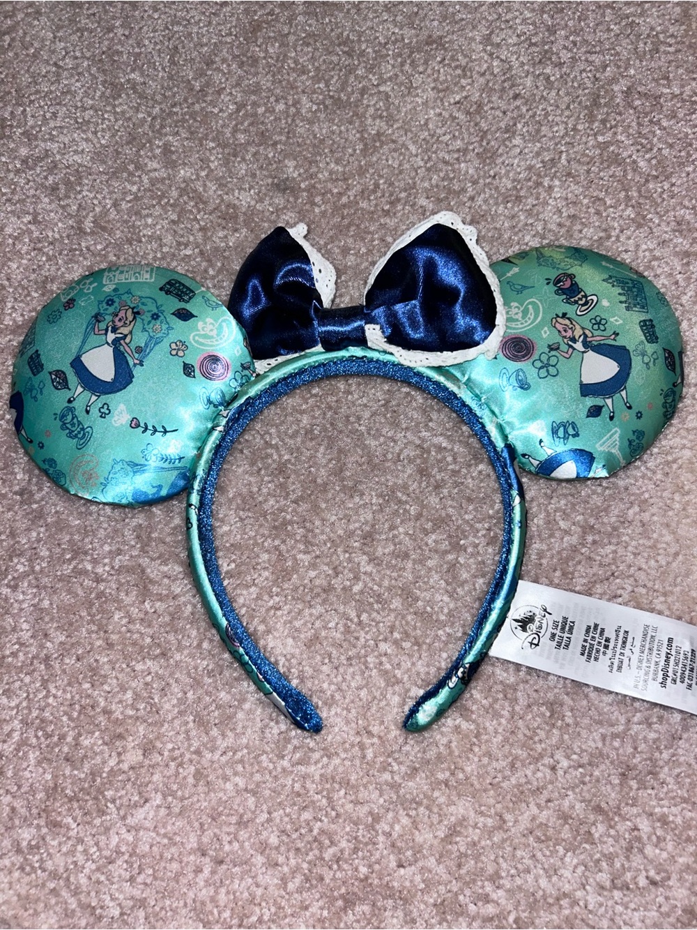 Disney Alice Pattern Teal Mouse Ear Headband with Navy Bow